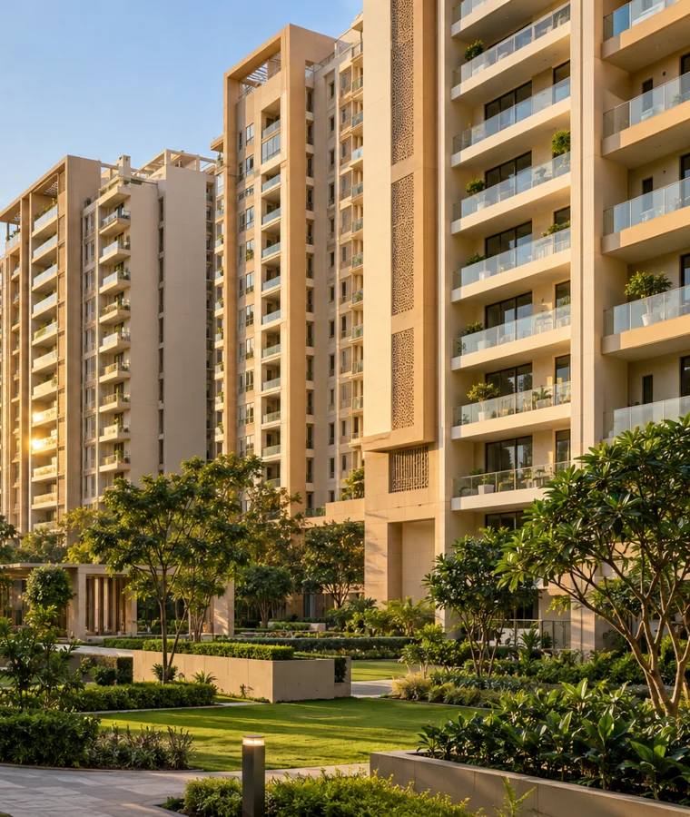 Illustrative apartment community with greenery; replace with your own office or property photo.